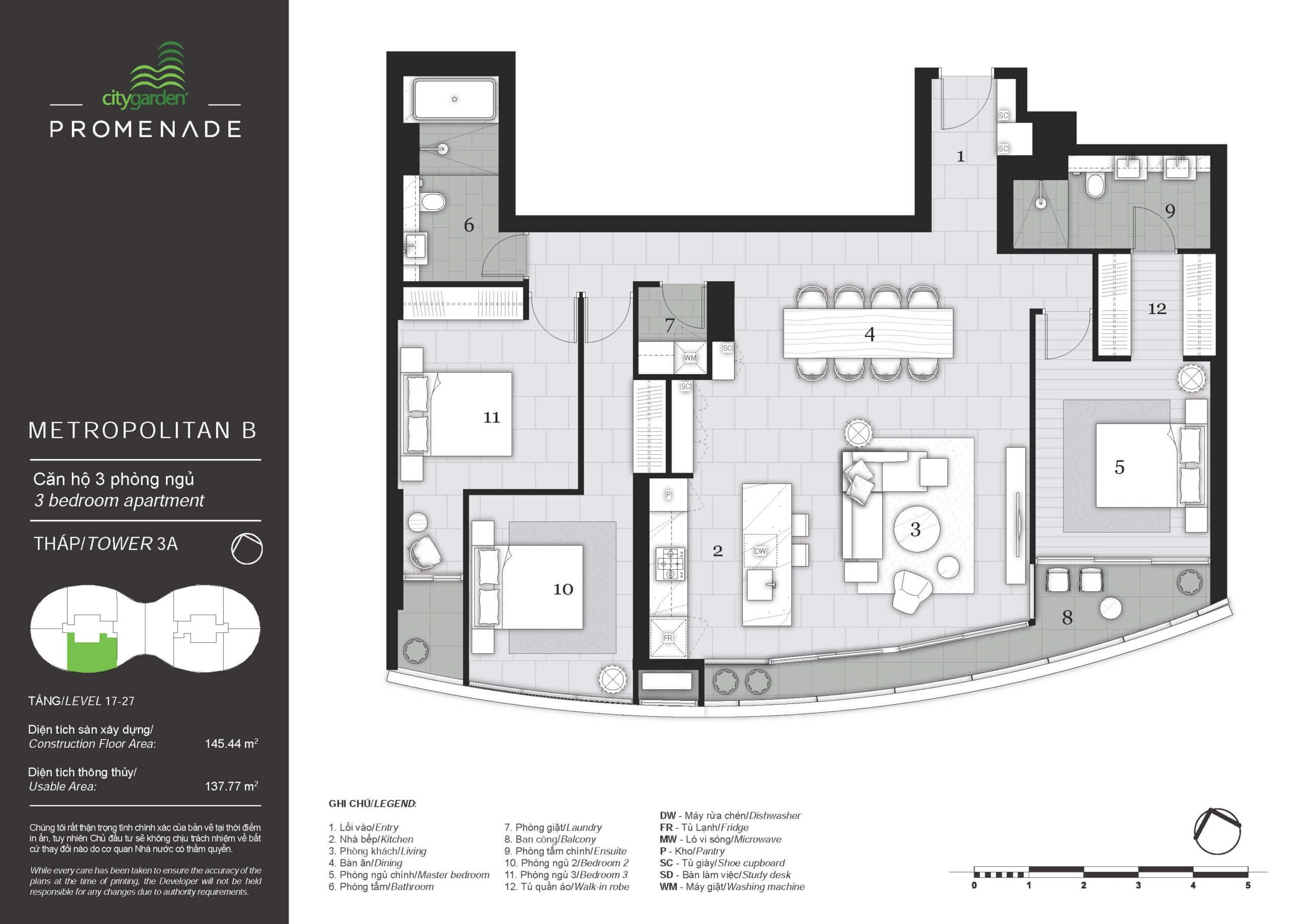 Mặt bằng layout căn hộ 3 phòng ngủ City Garden tháp Promenade 1 Quận Bình Thạnh Metropolitian B