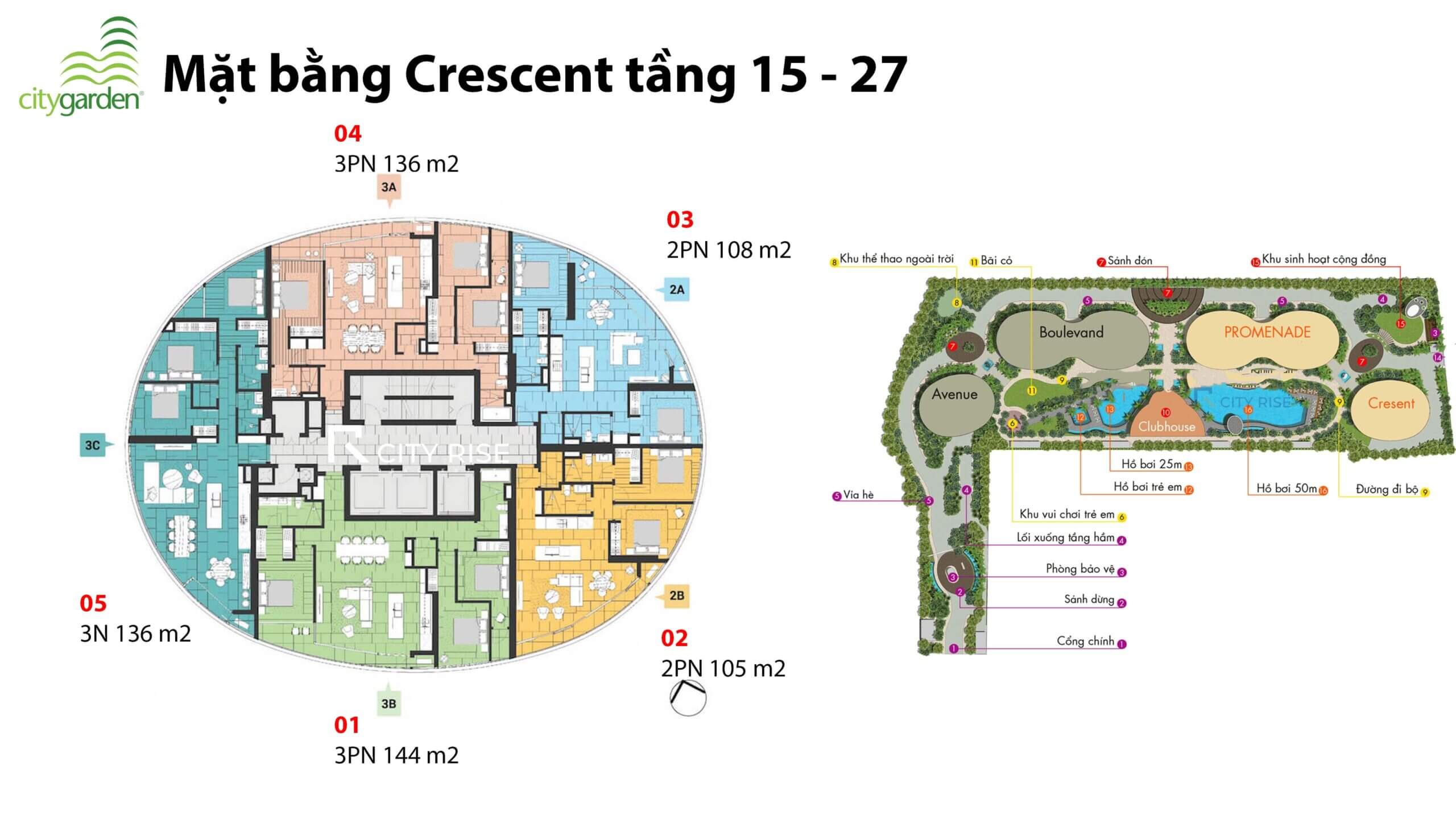 Layou mặt bằng căn hộ Crescent chung cư City Garden Bình Thạnh tầng 15-27