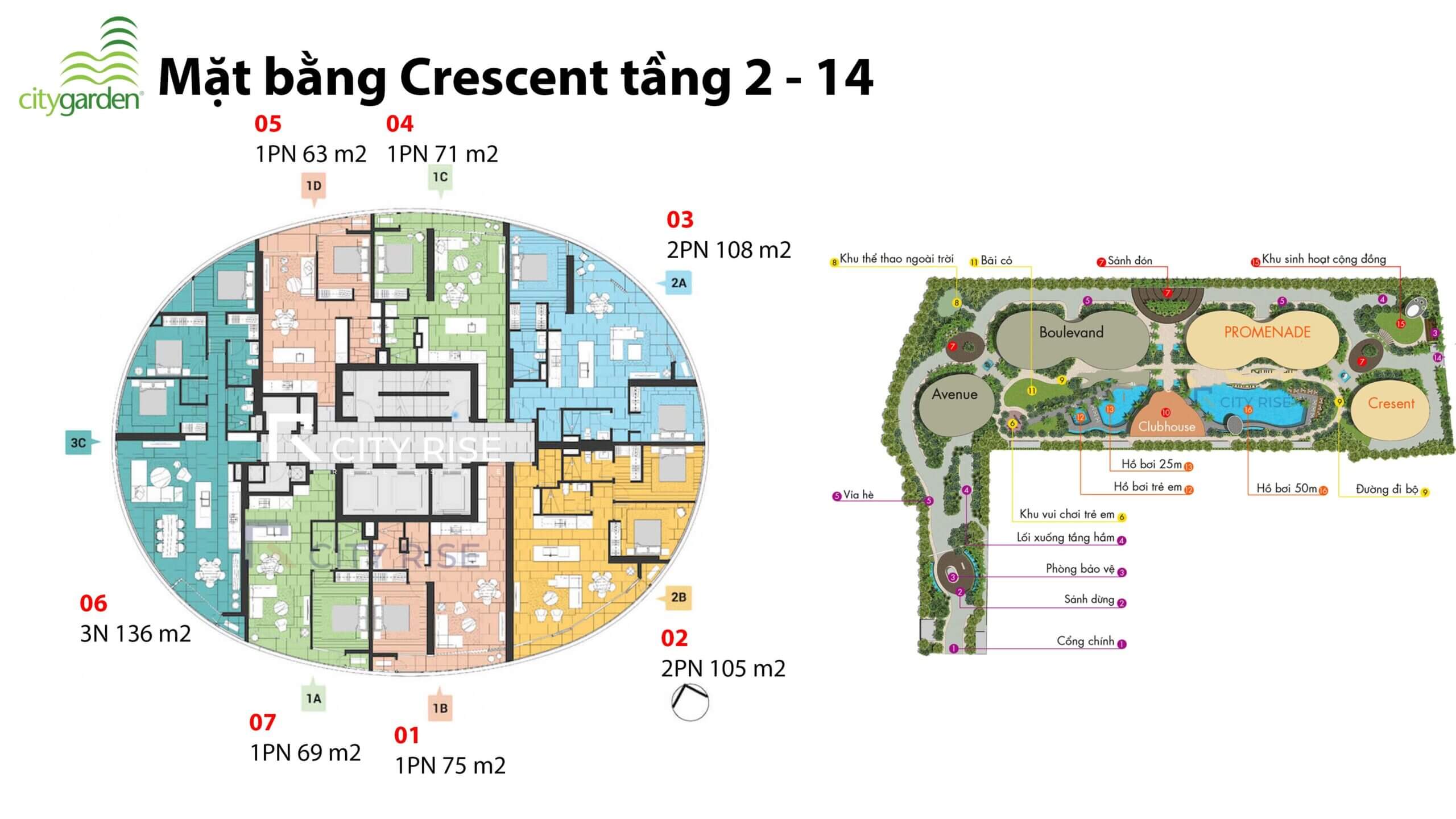 Mặt bằng căn hộ Crescent chung cư City Garden Bình Thạnh tầng 2-14