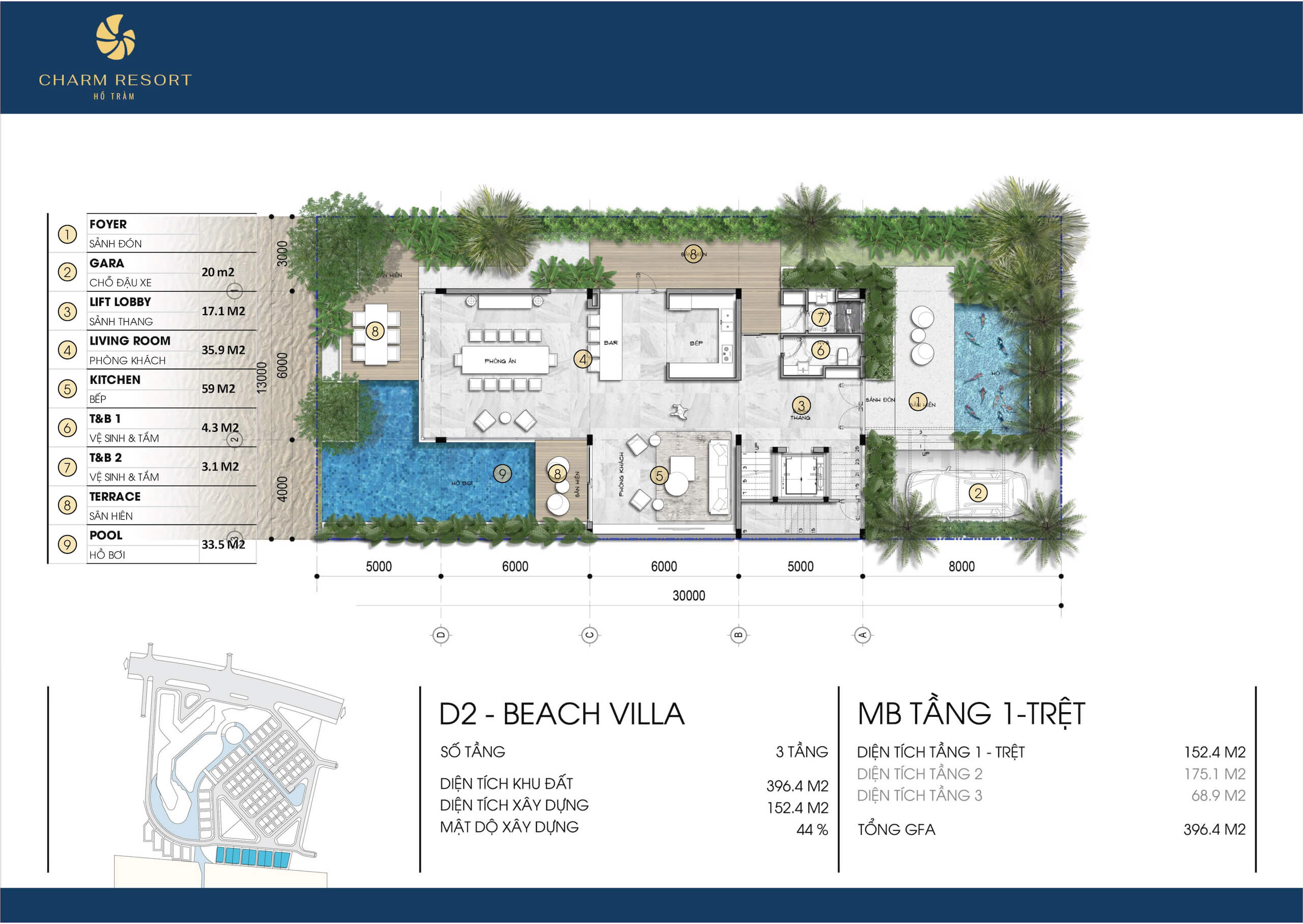 Mặt bằng layout Beach Villa Charm Resort Hồ Tràm