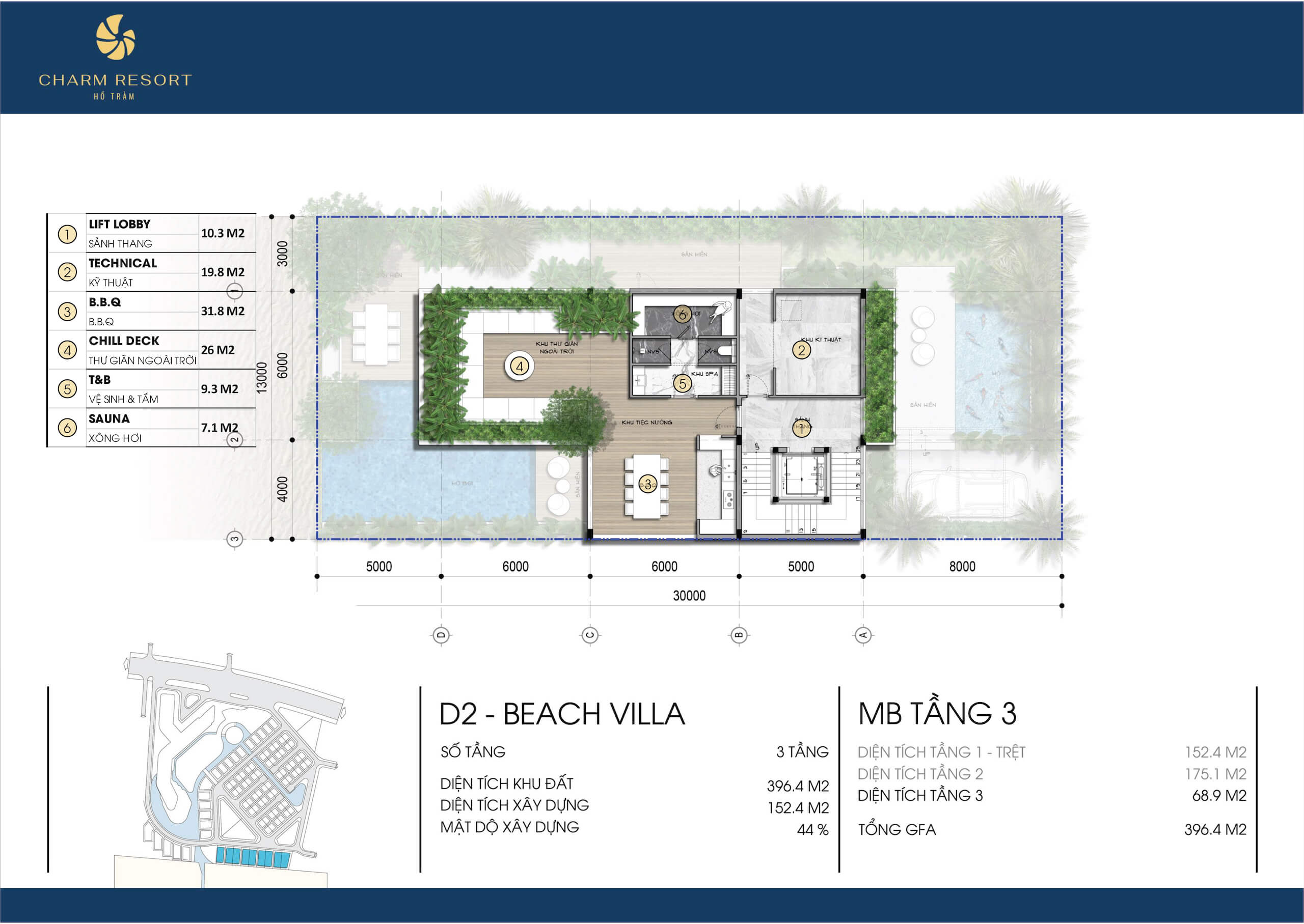 Mặt bằng layout Beach Villa Charm Resort Hồ Tràm