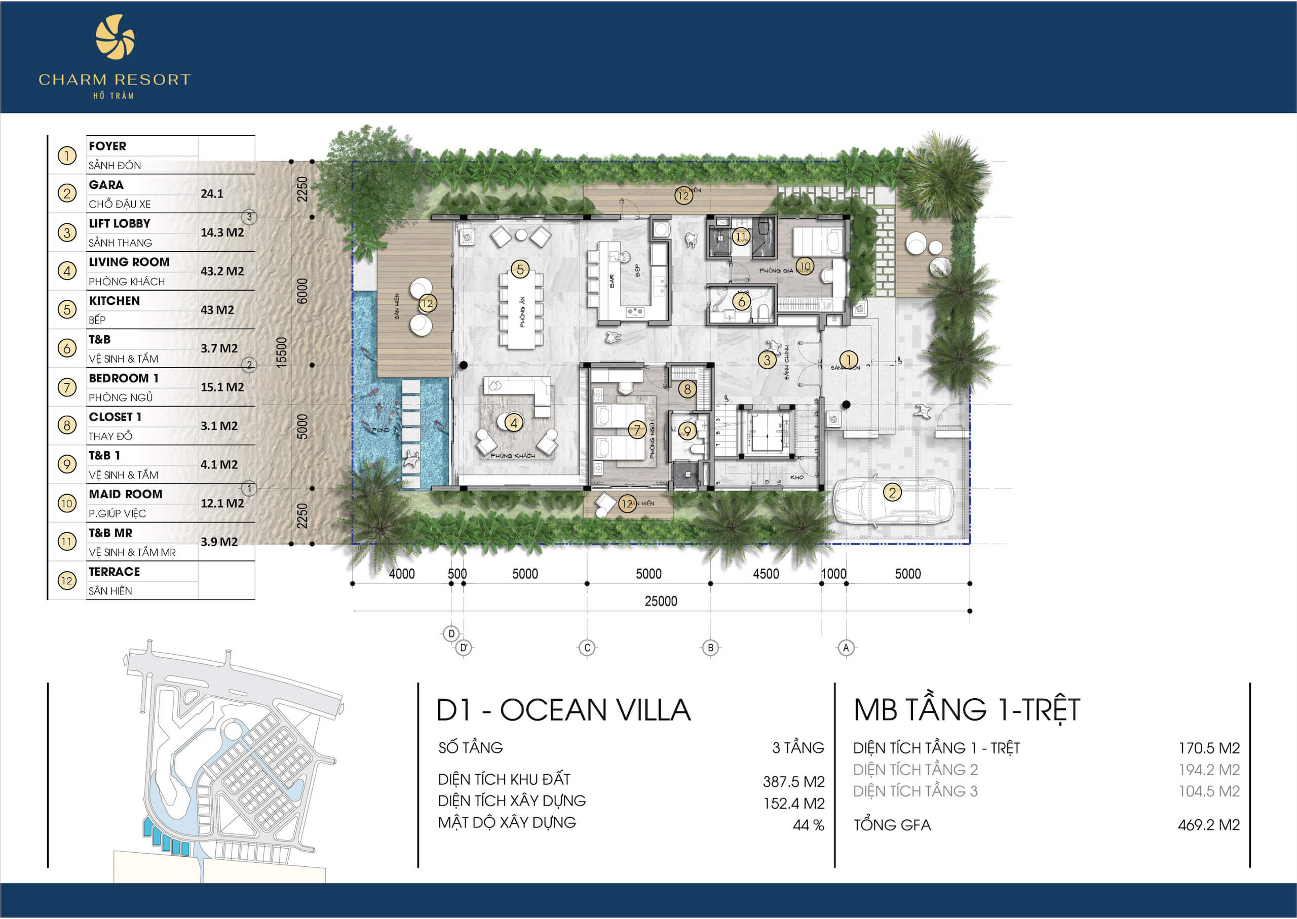 Mặt bằng layout Ocean Villa Charm Resort Hồ Tràm