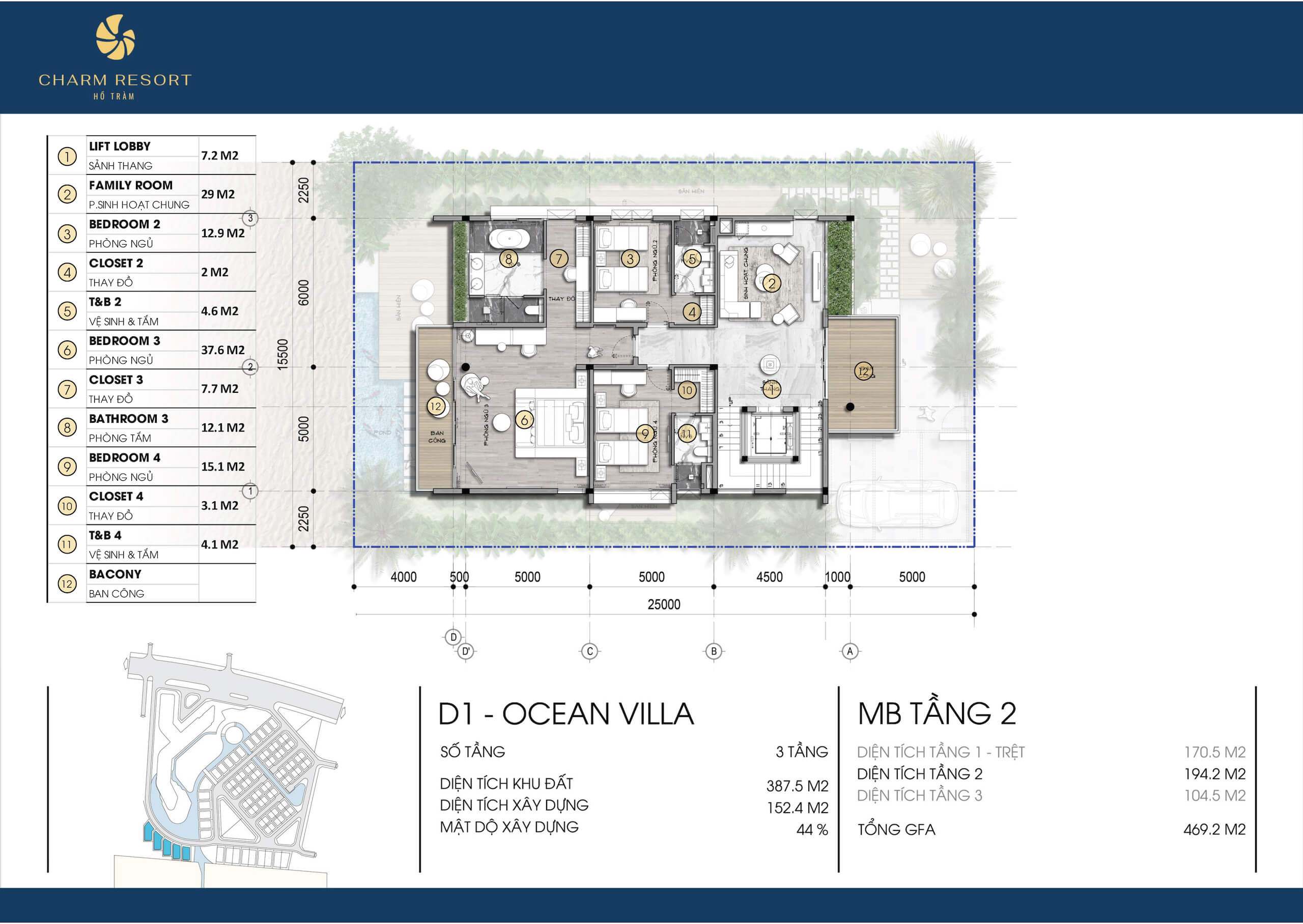 Mặt bằng layout Ocean Villa Charm Resort Hồ Tràm