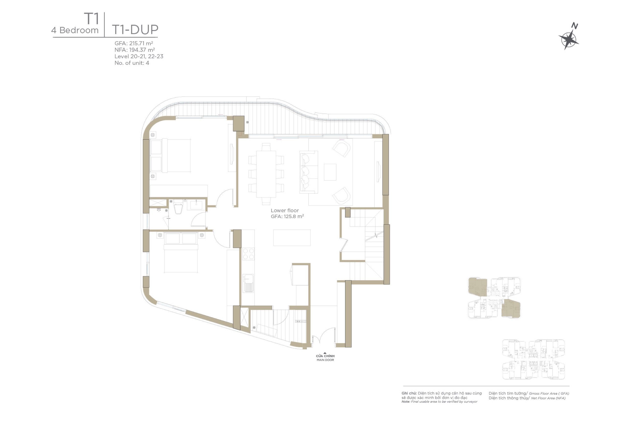 Mặt bằng layout căn hộ Duplex 4 phòng ngủ Zeit River Thủ Thiêm Tháp T1 - bán chuyển nhượng căn hộ duplex 4 phòng ngủ Zeit River Thủ Thiêm