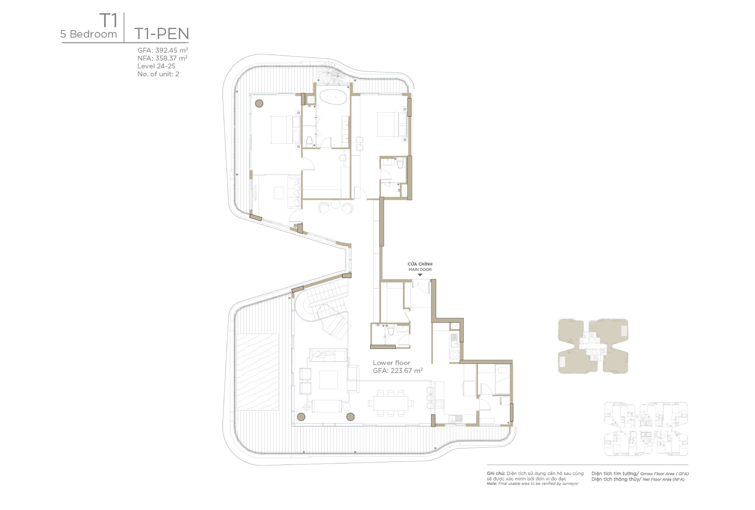 Mặt bằng layout căn hộ Duplex Penthouse 5 phòng ngủ Zeit River Thủ Thiêm tháp T1 - bán chuyển nhượng căn hộ Duplex penthouse 5 phòng ngủ Zeit River Thủ Thiêm tháp T1