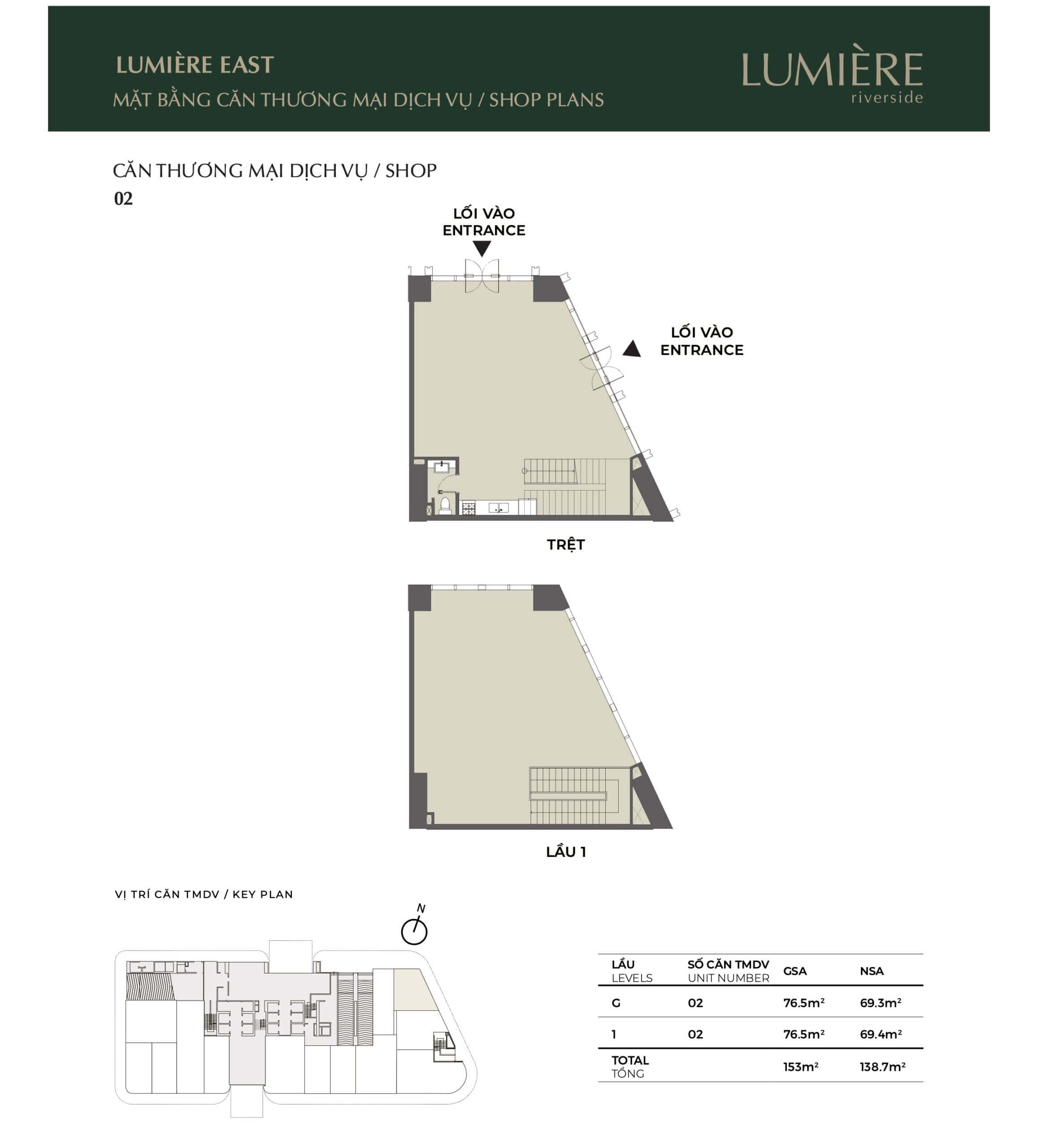 Mặt bằng layout shophouse Lumiere Riverside tháp East căn số 02 - cho thuê chuyển nhượng mua bán căn hộ Lumiere Riverside - Lumiere Quận 2 - Lumiere Thảo Điền