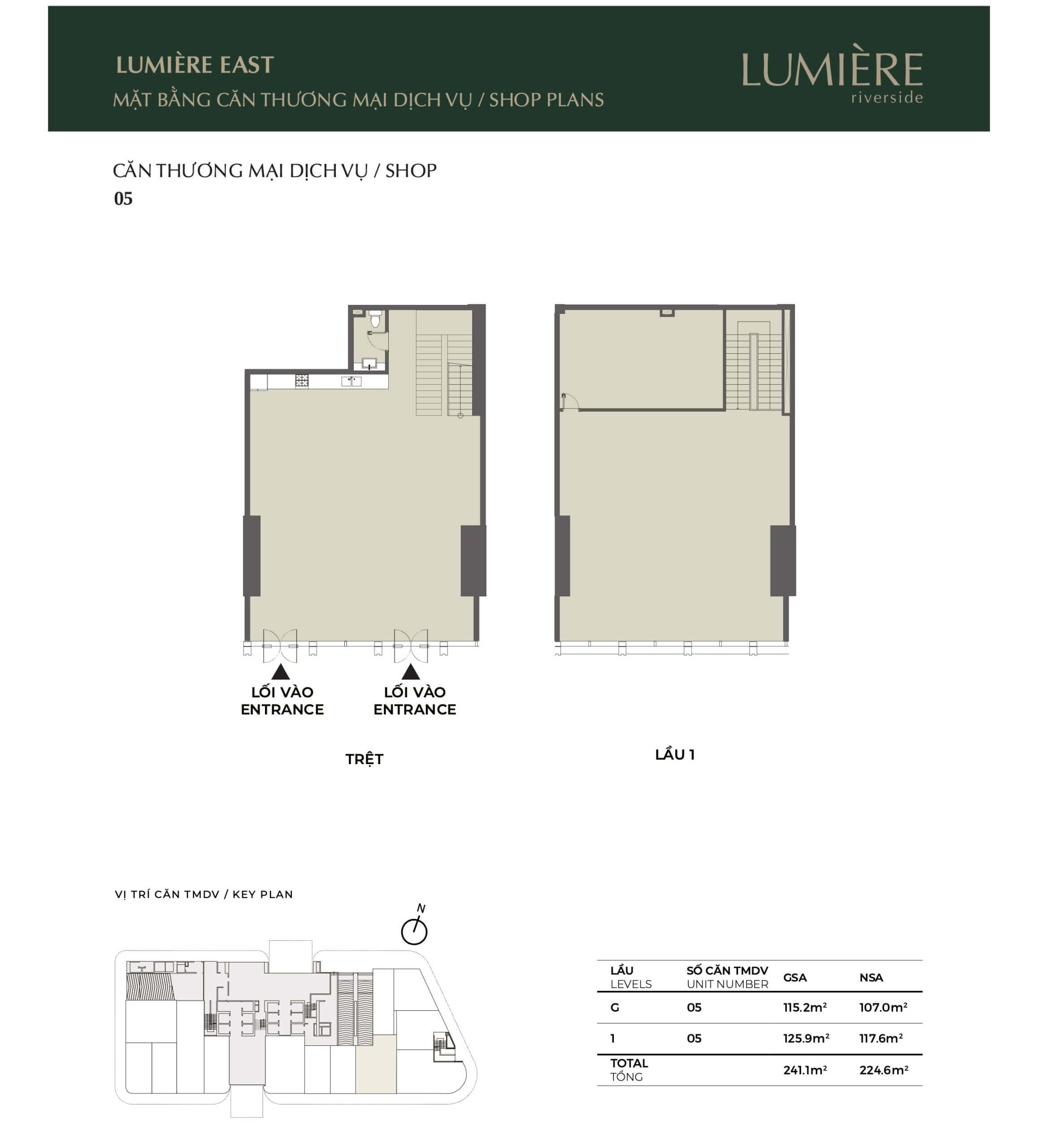 Mặt bằng layout shophouse Lumiere Riverside tháp East căn số 05 - cho thuê chuyển nhượng mua bán căn hộ Lumiere Riverside