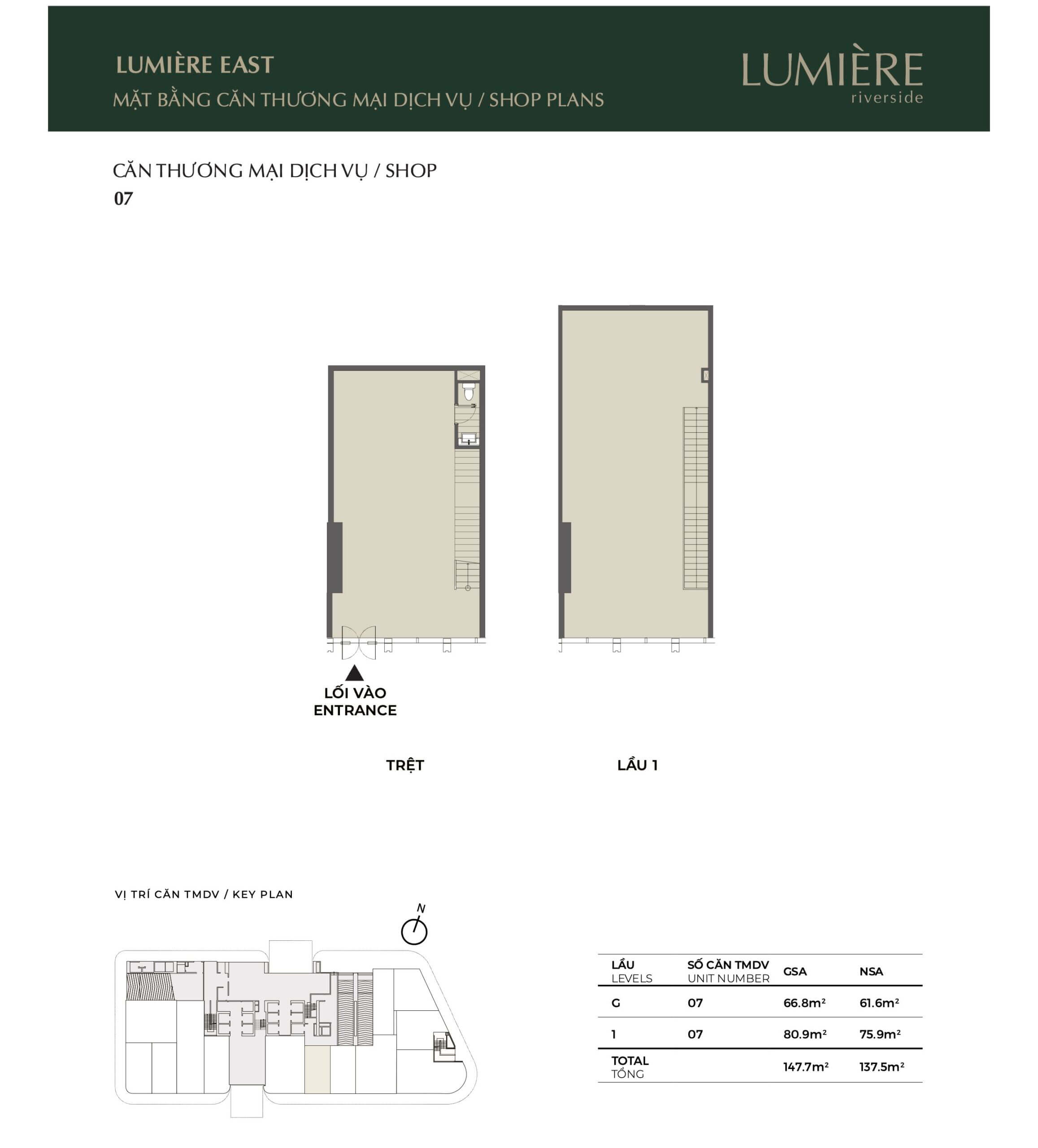 Mặt bằng layout shophouse Lumiere Riverside tháp East căn số 07 - ký gửi cho thuê chuyển nhượng mua bán căn hộ Lumiere Riverside