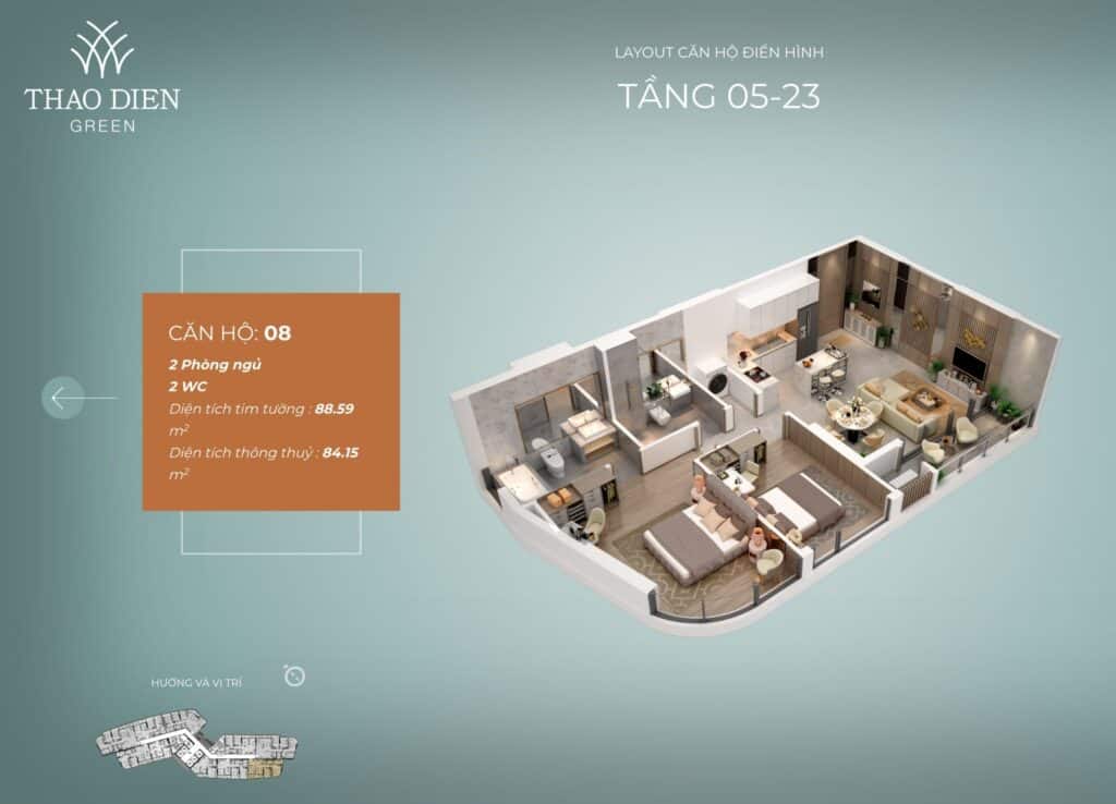 Mat Bang Layout Can Ho 2pn 88m2 Thao Dien Green Nguyen Van Huong Quan 2 Tp Thu Duc City Rise
